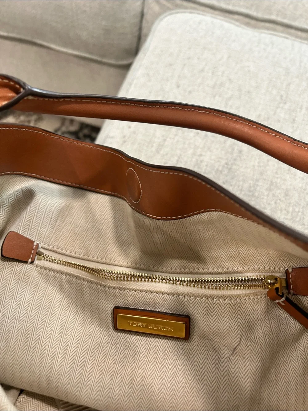 Tory Burch Cognac Leather Shoulder Hobo with Gold Logo